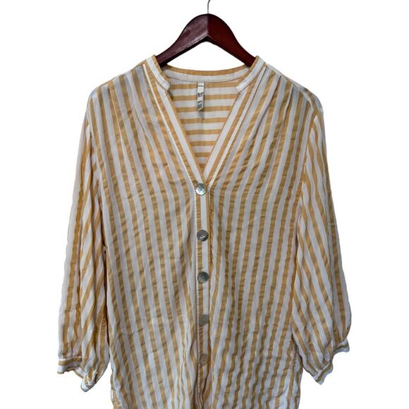 Zara Trf Collection Mustard Yellow Striped Mother of Pearl Blouse Size XS - Picture 2 of 13